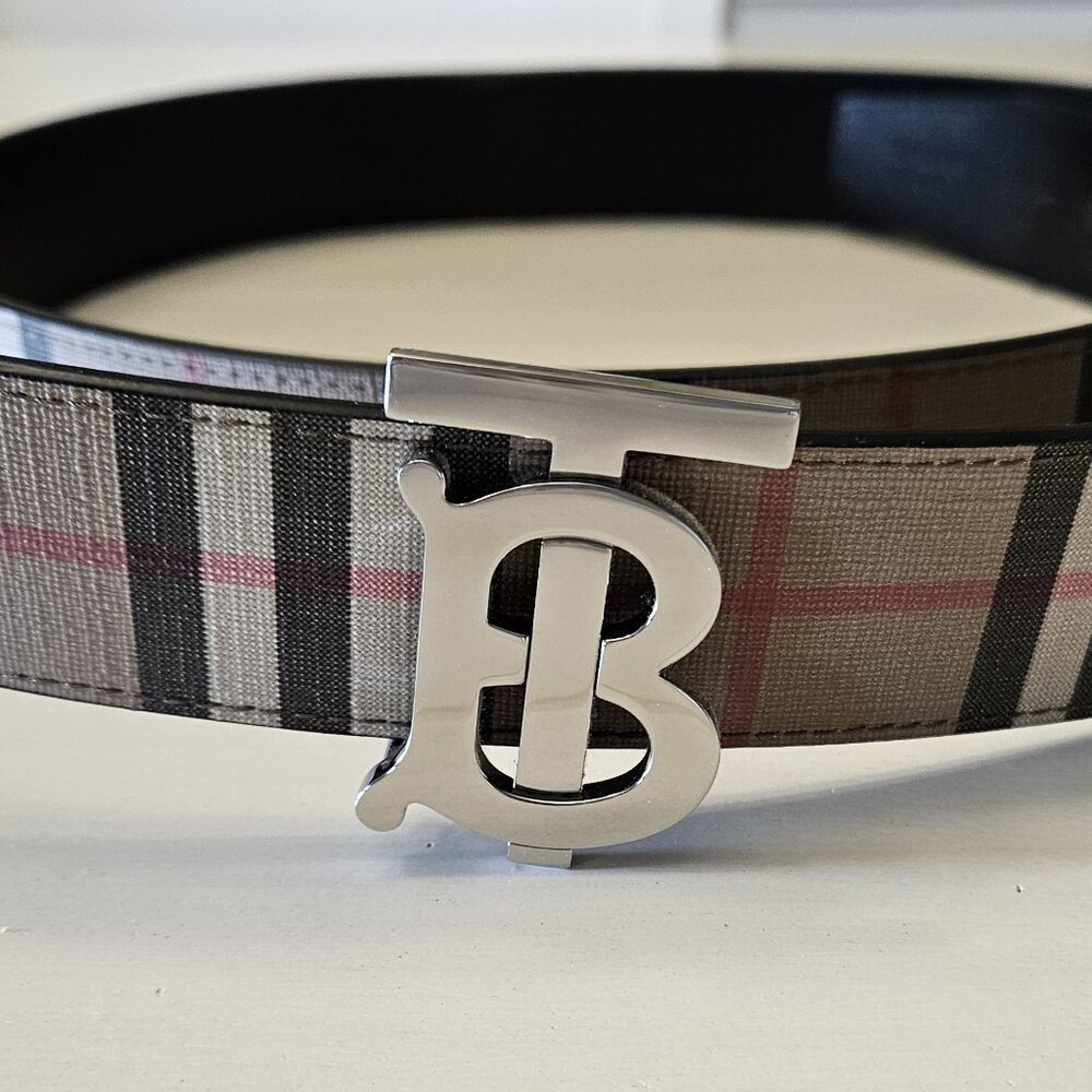 Burberry Archive Beige Check Canvas Reversible Black Leather Belt - Size 38/95